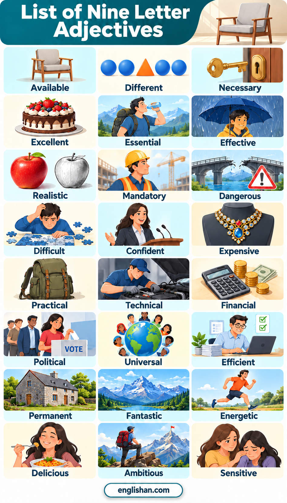 List of Nine Letter Adjectives names different, difficult, important, available, necessary, and political.