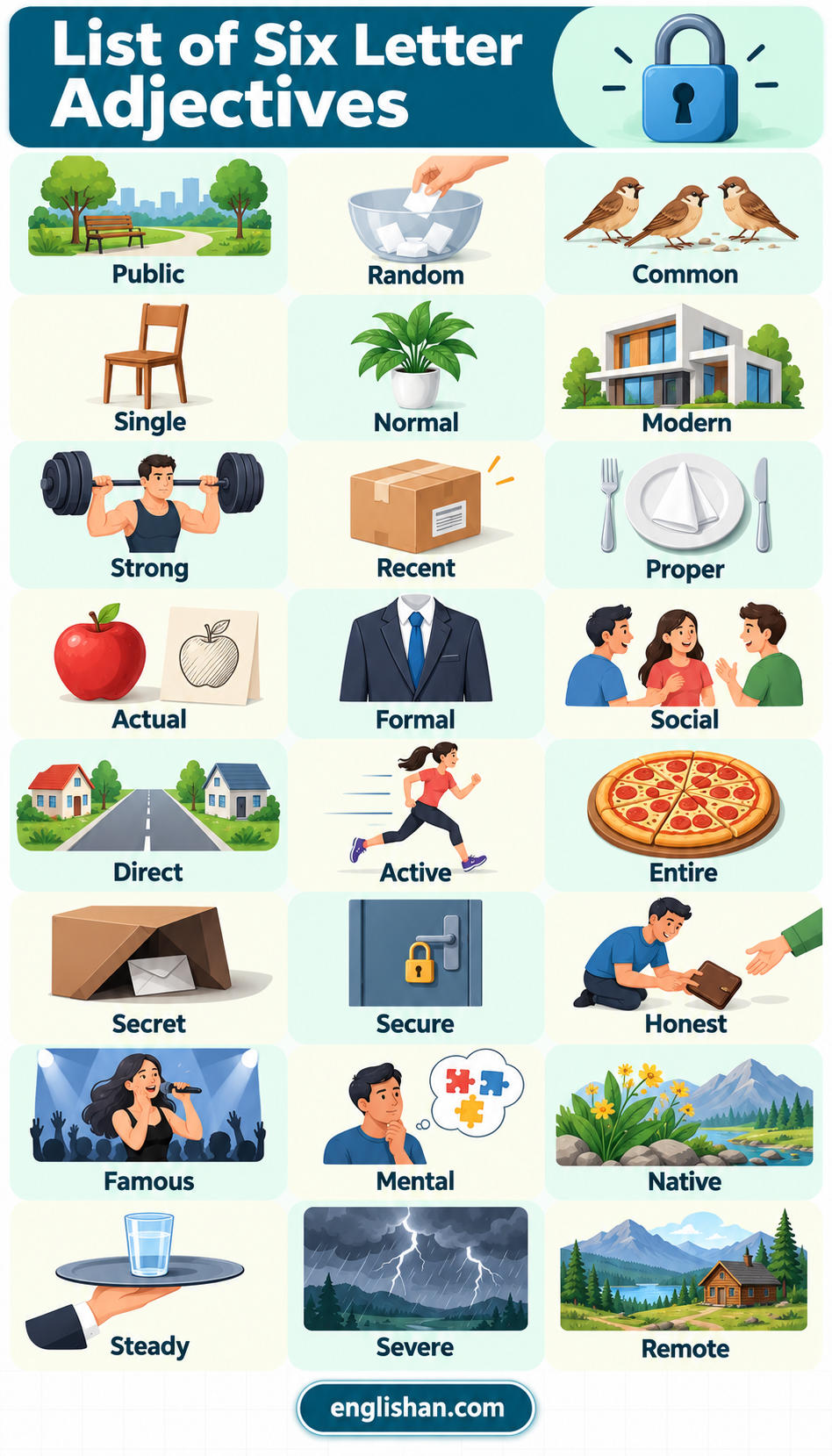 List Of 6 Letter Adjectives in English names public, random, single, modern, strong, recent, and remote.