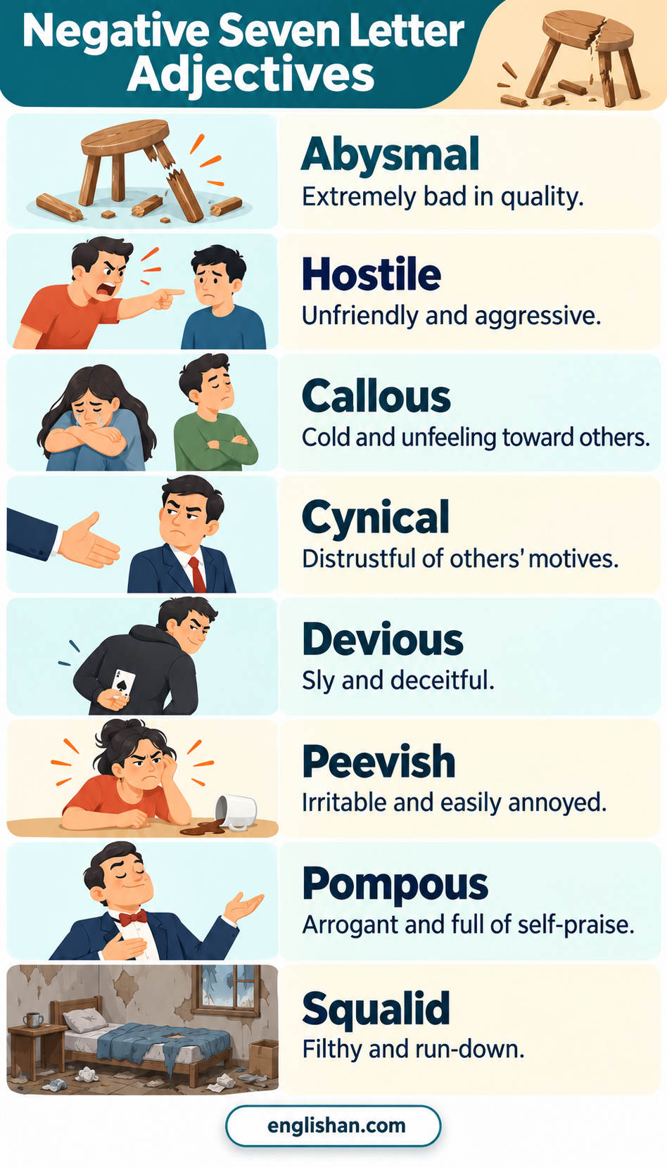 Negative 7 Letter Adjectives pair abysmal, hostile, callous, cynical, and devious with short meanings.