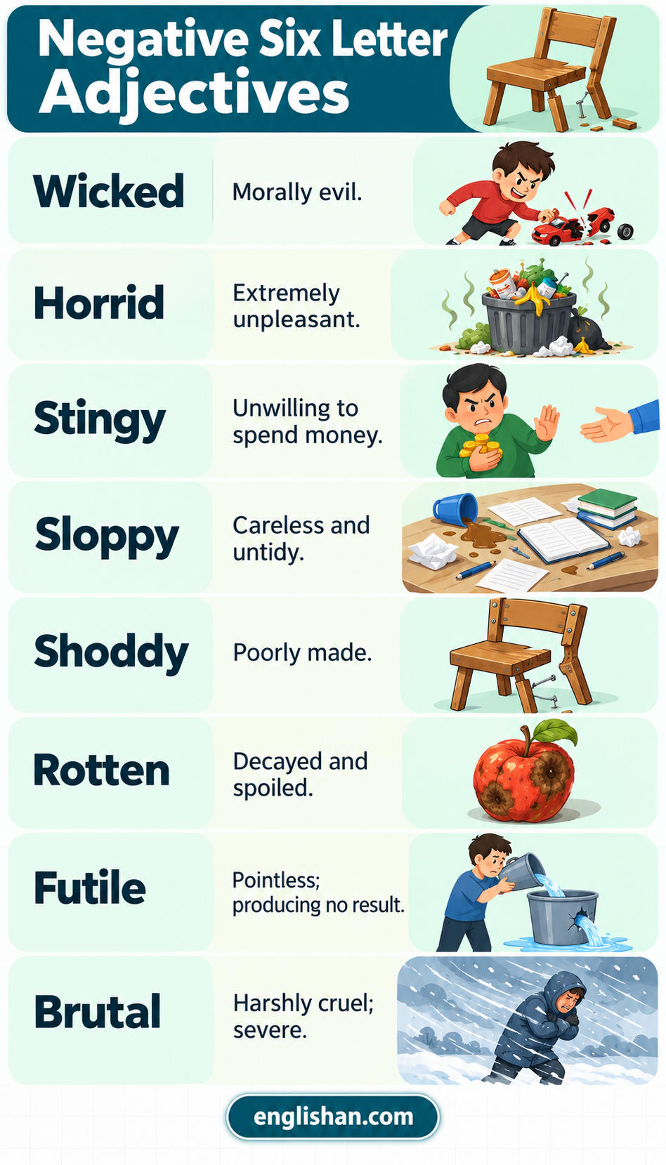 Negative 6 Letter Adjectives such as wicked, sloppy, rotten, and brutal appear beside short definitions.