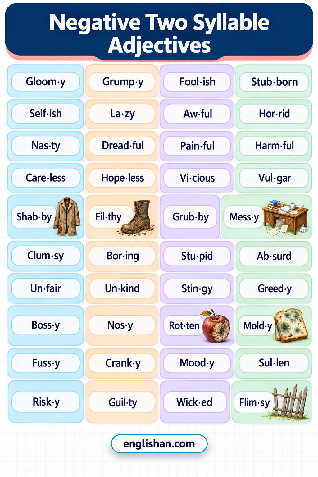 Negative two syllable adjectives such as lazy, nasty, selfish, stubborn, gloomy, awful, bitter, and rotten