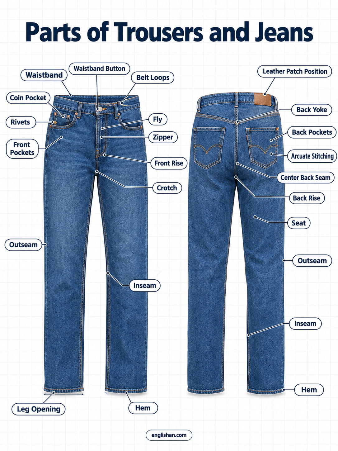Parts of trousers and jeans showing waistbands, belt loops, fly, pockets, rivets, back yoke, leg seams, and hems