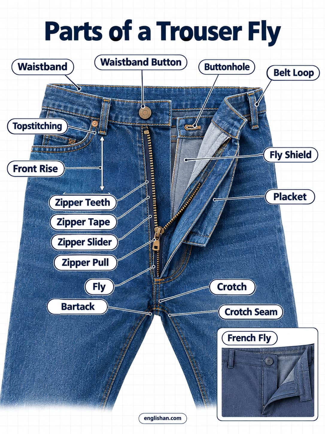 Trouser fly components showing the waistband button, buttonhole, zipper teeth, slider, zipper tape, fly shield, and topstitching