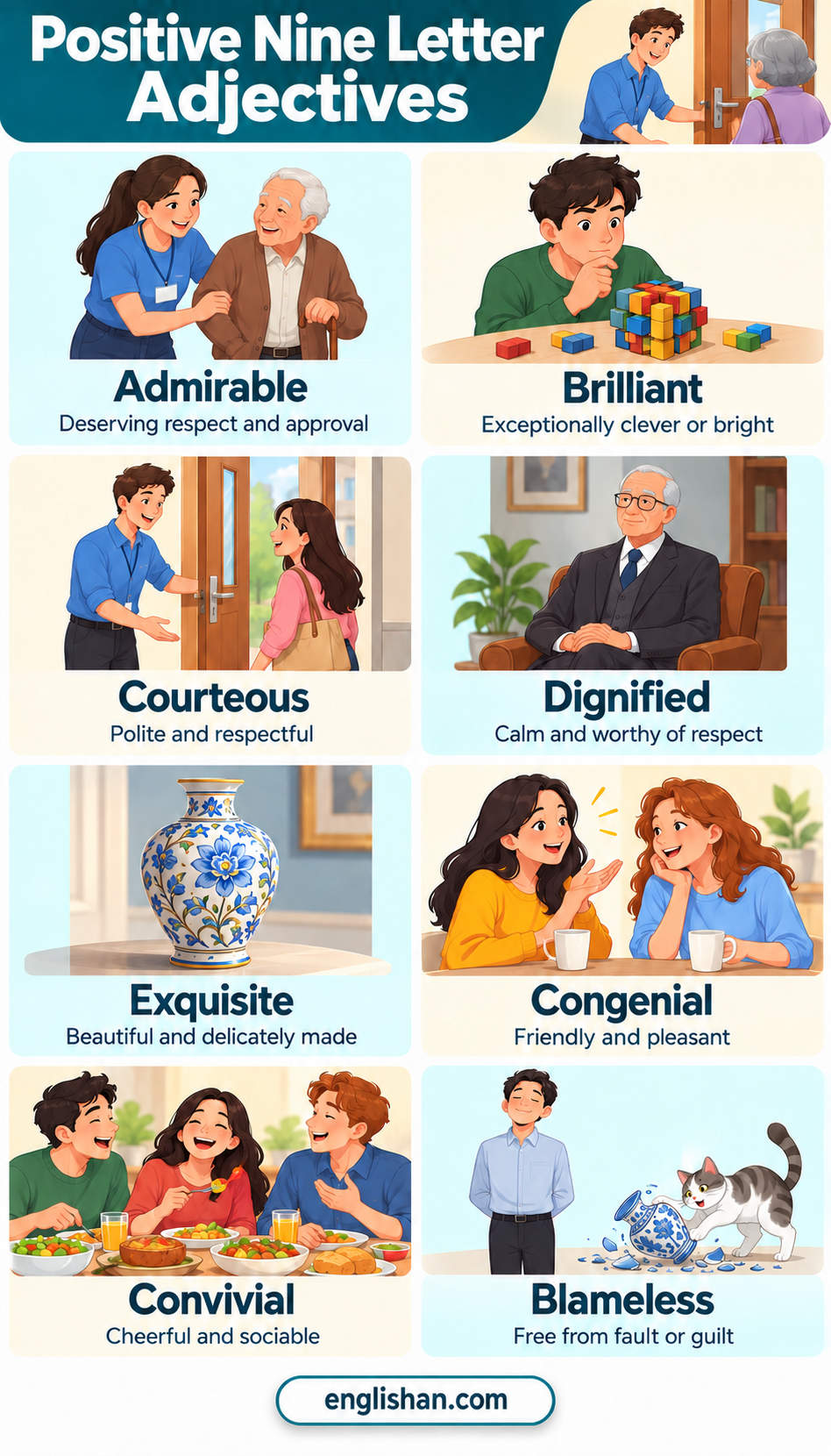 Positive Nine Letter Adjectives praise people and results with brilliant, delighted, excellent, and fortunate.