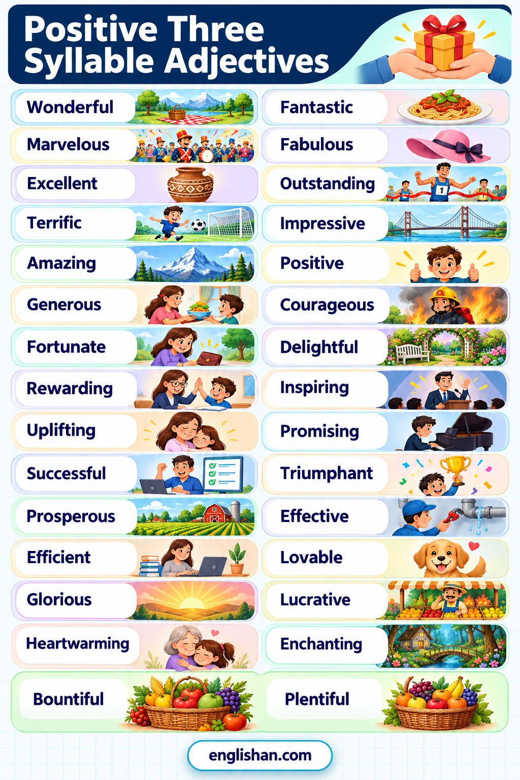 Positive three syllable adjectives such as beautiful, wonderful, delightful, fantastic, generous, and gracious