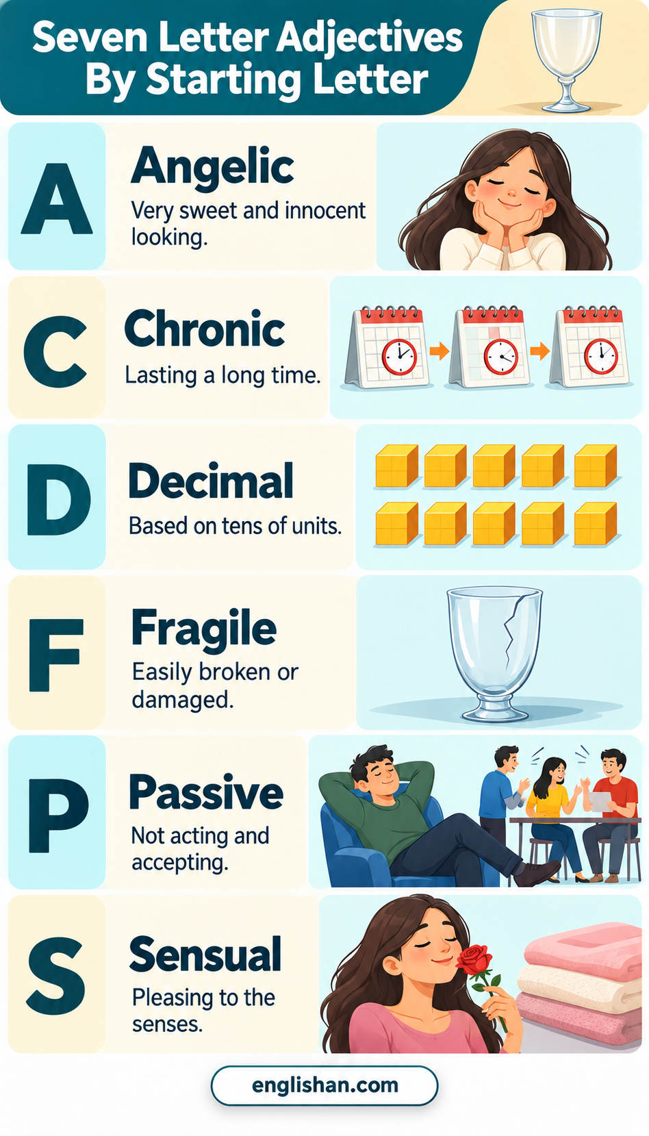 7 Letter Adjectives By Starting Letter pair angelic, chronic, decimal, fragile, passive, and sensual with meanings.