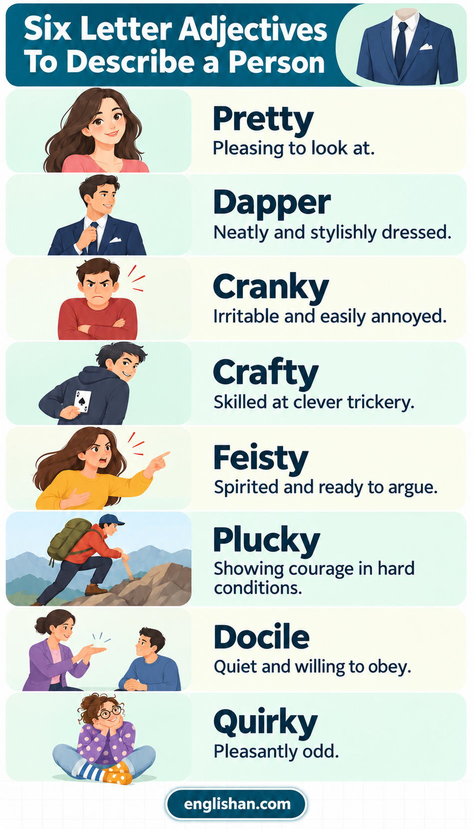 Six Letter Adjectives To Describe A Person include pretty, dapper, cranky, and plucky with their meanings.