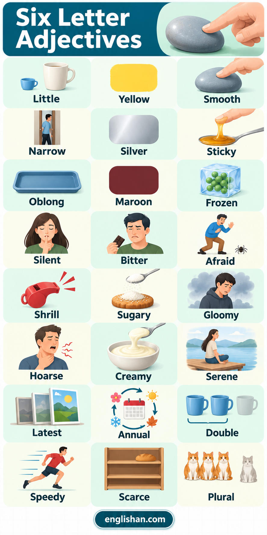 Six Letter Adjectives With Meanings appear for size, color, touch, sound, and taste, such as little and yellow.