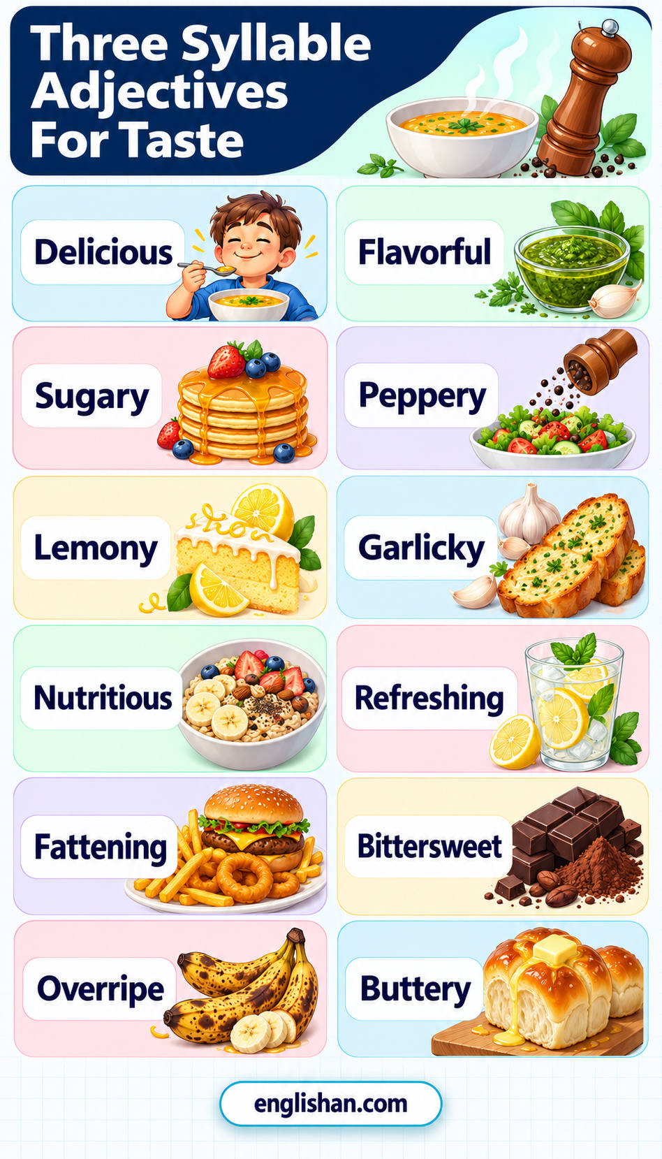 Three syllable adjectives for taste such as delicious, flavorful, delectable, sugary, buttery, savory, and refreshing