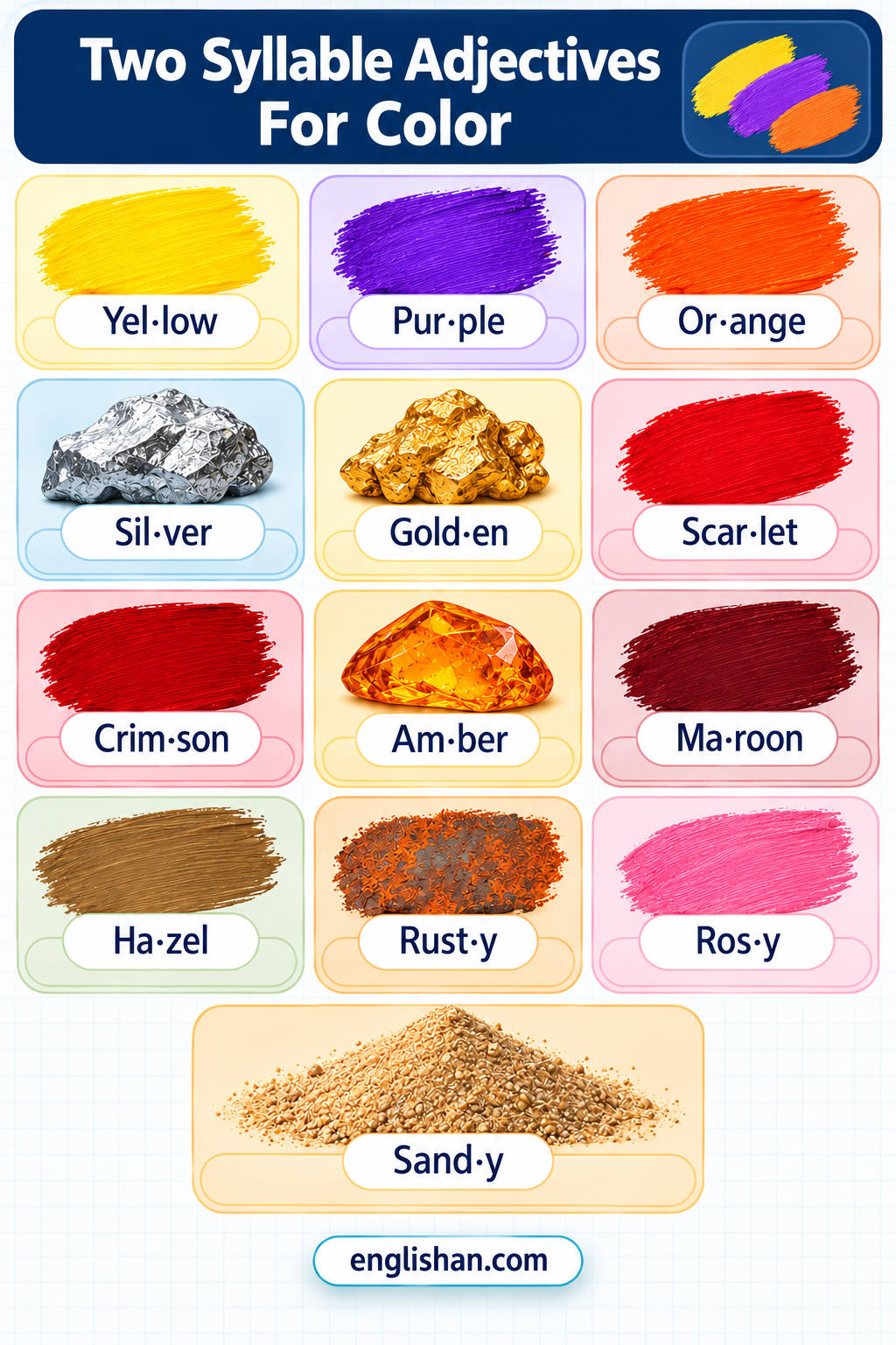 Two syllable adjectives for color such as yellow, purple, orange, silver, golden, scarlet, violet, and ivory on swatches